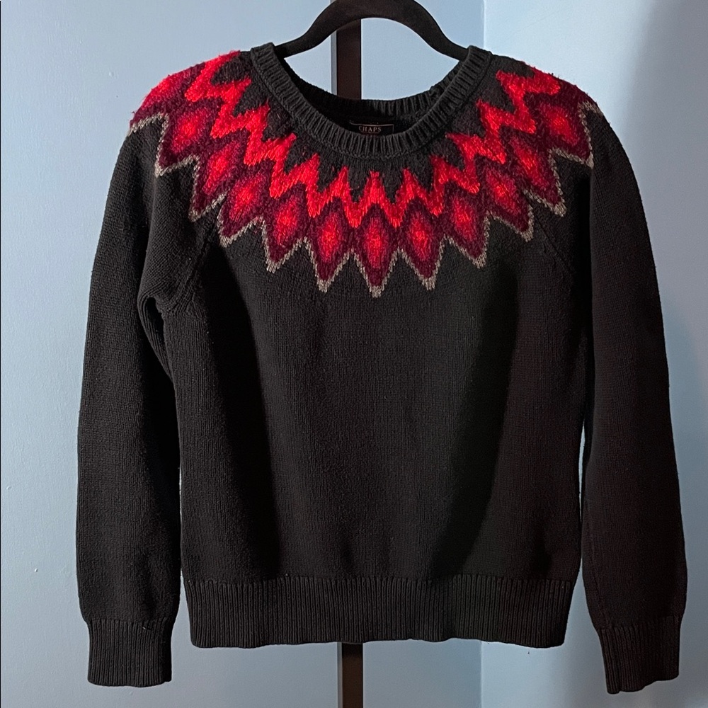 Chaps Crew Neck Sweater Black & Red Fair Isle Pattern Nordic Design